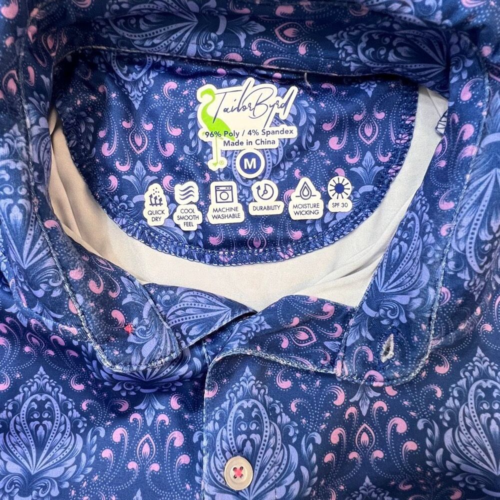 Tailor Byrd Men's Paisley Short Sleeve Performance Polo Shirt Blue Pink Medium